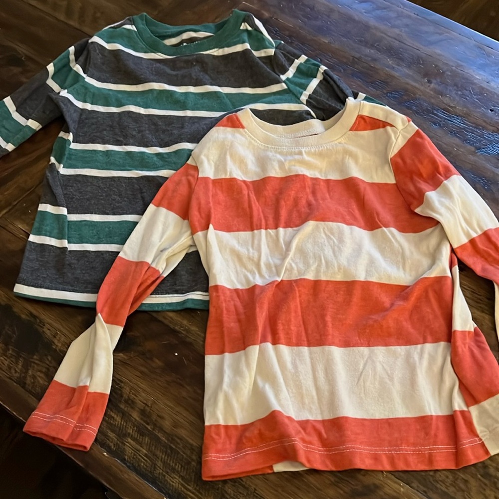 (2) pack 2T long sleeve striped t-shirts - grey/green and orange/beige